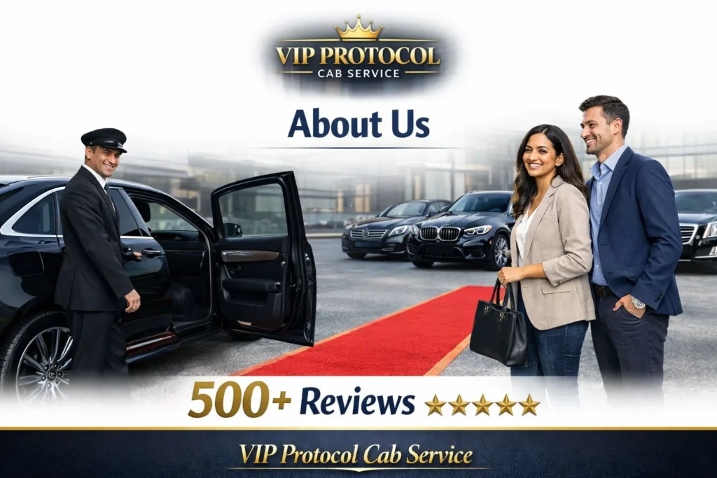 VIP Protocol Cab Service luxury cab with professional driver opening door for happy customers on red carpet with premium cars and 500+ five star reviews