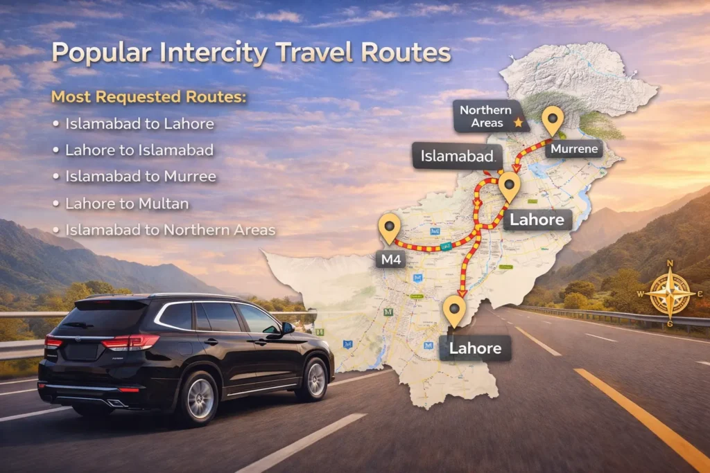 Intercity car rental routes in Pakistan showing Islamabad to Lahore, Murree, Multan and Northern Areas with highway travel service