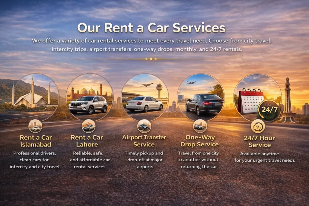 VIP Protocol Cab Service – Rent a Car Services in Islamabad and Lahore including airport transfer, one-way drop, monthly rental, and 24/7 service